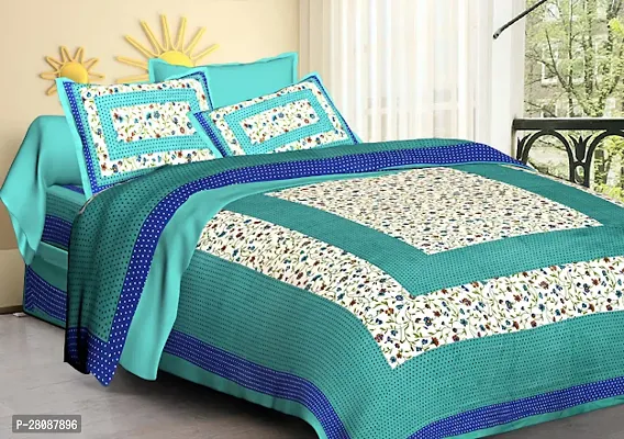Comfortable Green Cotton Printed Double 1 Bedsheet + 2 Pillowcovers