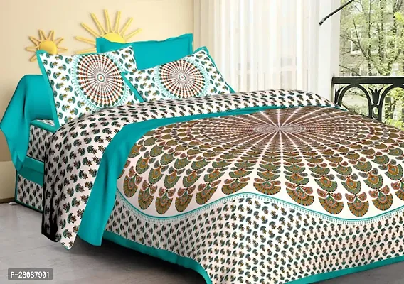 Comfortable Green Cotton Printed Double 1 Bedsheet + 2 Pillowcovers-thumb0