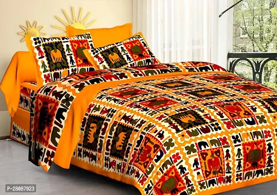 Comfortable Yellow Cotton Printed Double 1 Bedsheet + 2 Pillowcovers