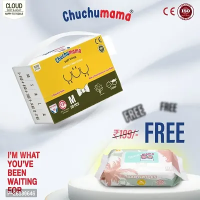 Chuchumama Tape Style Diapers Size Medium (M) - 50 Counts + FREE Chuchumama Baby Wipes 80 Sheets Per Pack