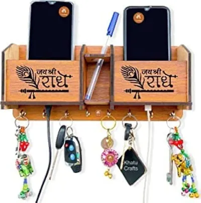 Rangat Craft Radha Krishna 2 Pocket Printed Wood Key Holder for Wall Stylish with Storage Box | Mobile Holder | Pen Hoider |23X11X4 CM