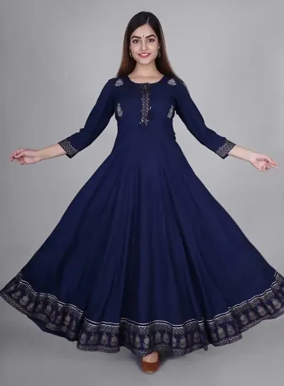 D S Enterprises Womens Border Embroidered Rayon Anarkali Kurta Gown/Embroidered Anarkali Kurta for Wedding/Solid Anarkali Kurta for Women/Flared Anarkali Gown for Women