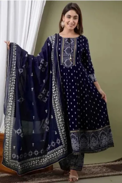 Beautiful Printed Rayon Kurta, Pant And Dupatta Set