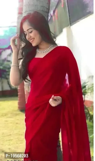 Beautiful Red Georgette  Solid Saree with Blouse Piece For Women