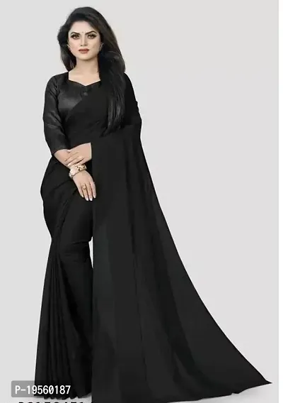 Beautiful Black Georgette  Solid Saree with Blouse Piece For Women-thumb0