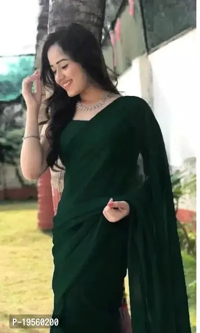Beautiful Green Georgette  Solid Saree with Blouse Piece For Women