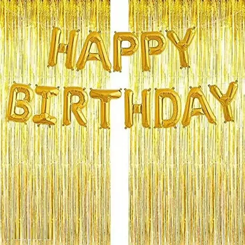 Happy Birthday Golden Foil Balloon With 2 Golden Foil Curtains Balloons  Decoration