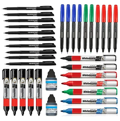 Craftwings Marker Pens Kit For Students, Schools And Office. 5 Permanent Marker black, 20 OHP/CD Marker (10 Black, 4 Blue, 4 Red, 2 Green), 7 WhiteBoard Marker, And 2 WhiteBoard Marker INK Black.