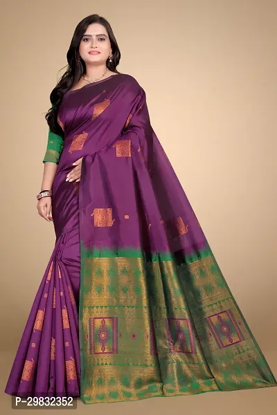 Stylish Silk Blend Purple Woven Design Saree With Blouse Piece