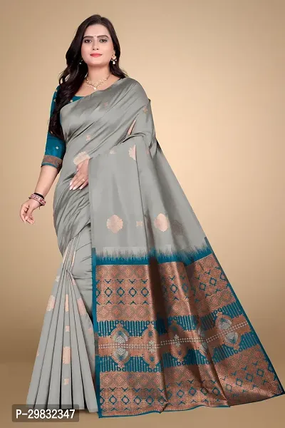 Stylish Silk Blend Grey Woven Design Saree With Blouse Piece