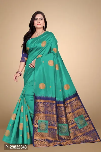 Stylish Silk Blend Green Woven Design Saree With Blouse Piece-thumb0