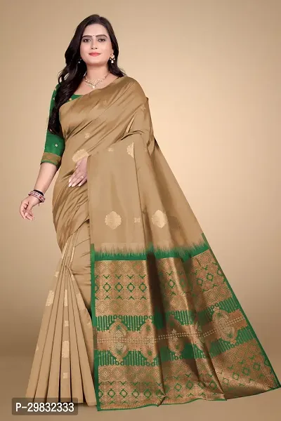 Stylish Silk Blend Beige Woven Design Saree With Blouse Piece-thumb0