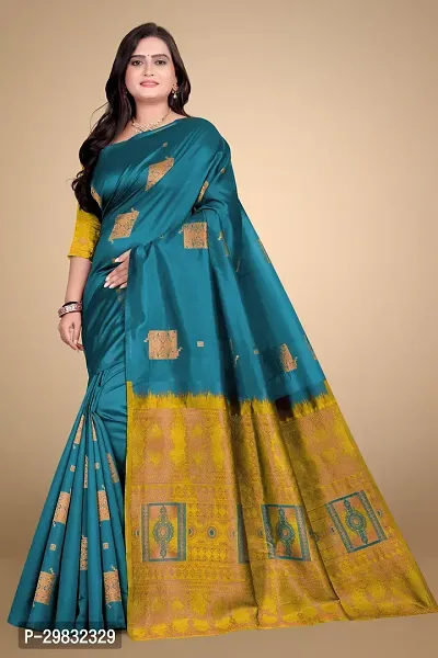 Stylish Silk Blend Blue Woven Design Saree With Blouse Piece-thumb0