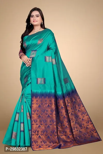 Stylish Silk Blend Blue Woven Design Saree With Blouse Piece