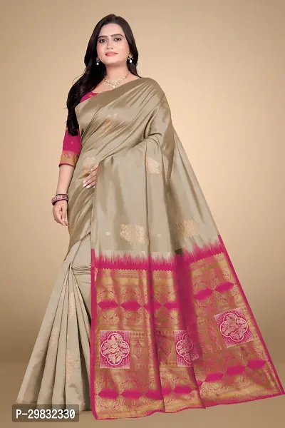 Stylish Silk Blend Beige Woven Design Saree With Blouse Piece