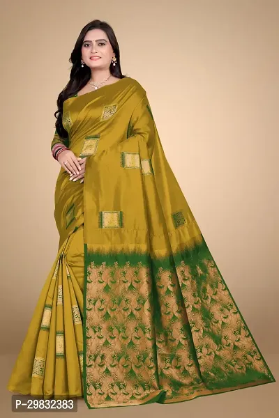 Stylish Silk Blend Golden Woven Design Saree With Blouse Piece