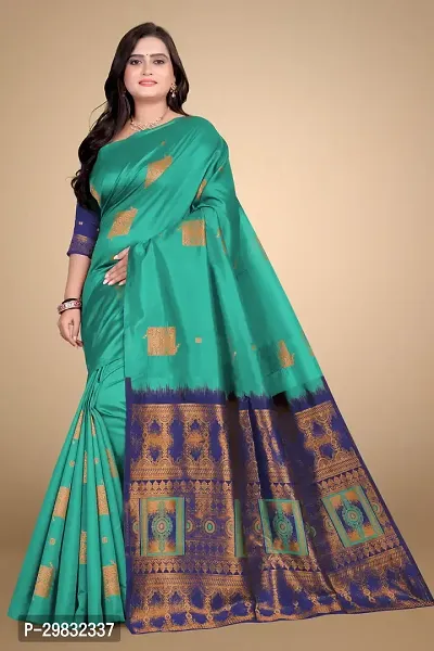 Stylish Silk Blend Green Woven Design Saree With Blouse Piece