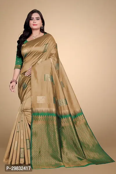 Stylish Silk Blend Beige Woven Design Saree With Blouse Piece