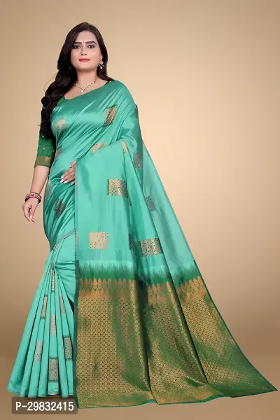 Stylish Silk Blend Green Woven Design Saree With Blouse Piece-thumb0