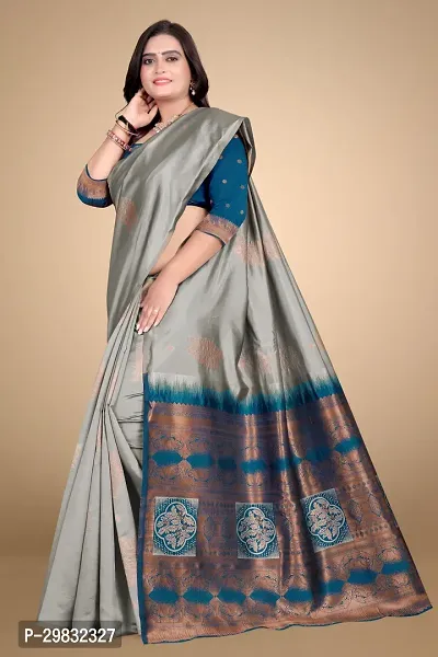 Stylish Silk Blend Grey Woven Design Saree With Blouse Piece-thumb0