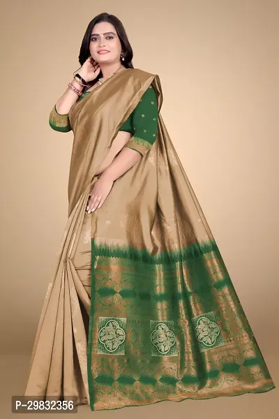 Stylish Silk Blend Beige Woven Design Saree With Blouse Piece