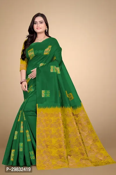 Stylish Silk Blend Green Woven Design Saree With Blouse Piece