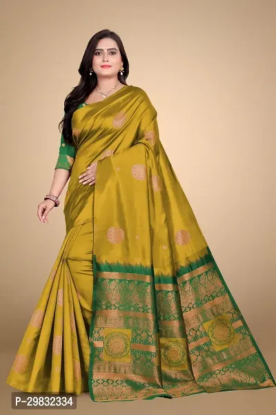 Stylish Silk Blend Golden Woven Design Saree With Blouse Piece