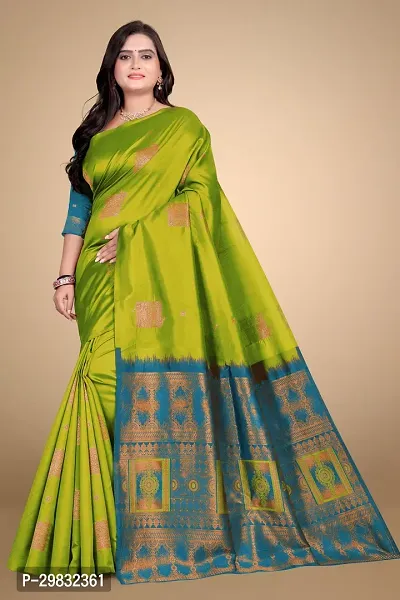 Stylish Silk Blend Green Woven Design Saree With Blouse Piece-thumb0