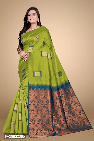 Stylish Silk Blend Green Woven Design Saree With Blouse Piece