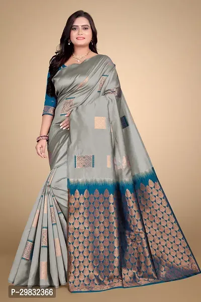 Stylish Silk Blend Grey Woven Design Saree With Blouse Piece