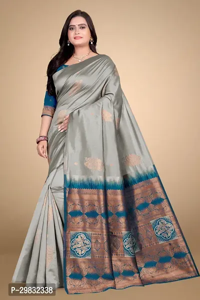 Stylish Silk Blend Grey Woven Design Saree With Blouse Piece-thumb0