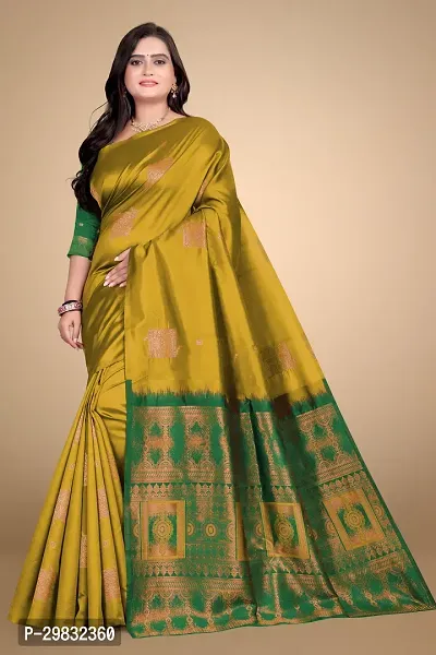 Stylish Silk Blend Golden Woven Design Saree With Blouse Piece