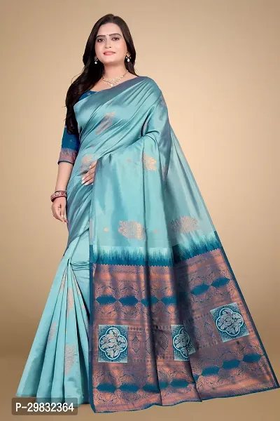 Stylish Silk Blend Blue Woven Design Saree With Blouse Piece-thumb0