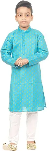 KRISHNA INDUSTRIES Boy's Golden Printed Kurta Pyjama Pant Set (6-7 Years) (Blue)-thumb0