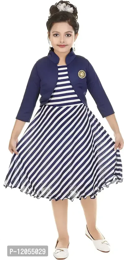 Girl's A-Line Knee Length Dress (Blue  White_4-5 Years)