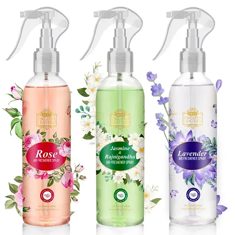 Next Care English Leather Air Room Freshener Spray 200ml Each (ROSE+JASMINE+LAVENDER) for HOME,BATHROOM,OFFICE  CAR | Long Lasting Fragrance Without Gas