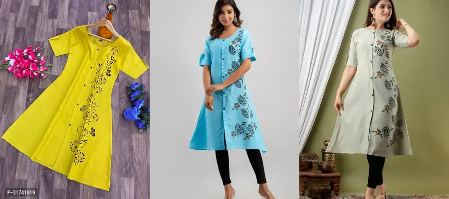 Stylish Cotton Slub Printed A-Line Kurta For Women Pack Of 3-thumb0