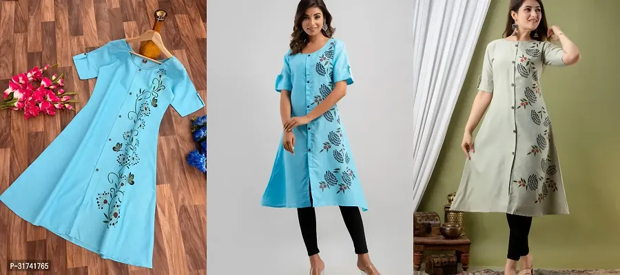 Stylish Cotton Slub Printed A-Line Kurta For Women Pack Of 3-thumb0