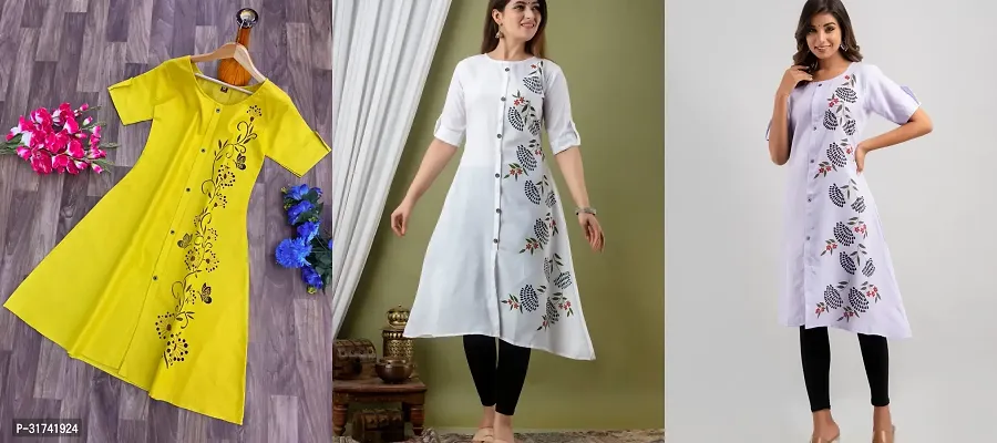 Stylish Cotton Slub Printed A-Line Kurta For Women Pack Of 3