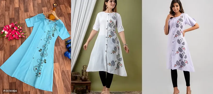 Stylish Cotton Slub Printed A-Line Kurta For Women Pack Of 3