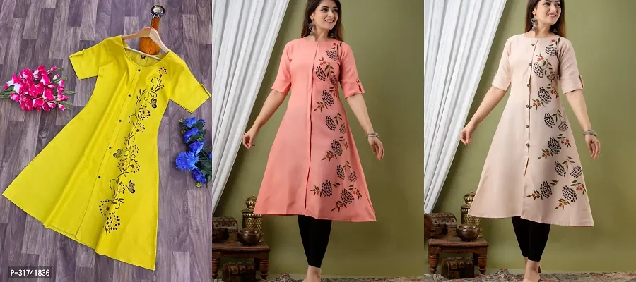 Stylish Cotton Slub Printed A-Line Kurta For Women Pack Of 3