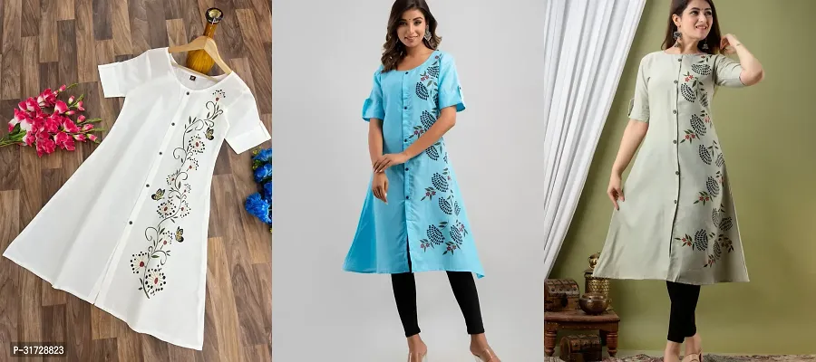 Stylish Multicoloured Cotton Slub Printed  Kurta For Women Pack Of 3