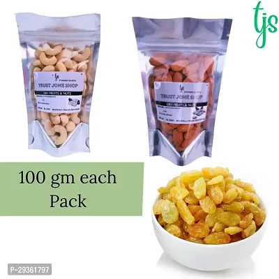 TJS Natural Premium Quality Cashew+Almond+Raisins 100 gm each Pack Combo Dry Fuits-thumb0