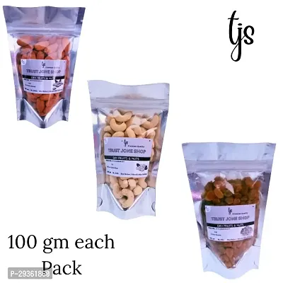 TJS Natural Premium Quality Cashew+Almond+Raisins 100 gm each Pack Combo Dry Fuits-thumb0