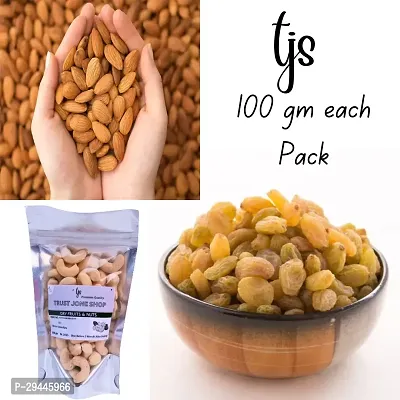 Premium Quality TJS 100% Natural Combo Dry Fruit (Almond+Cashew+Rasinis)100 gm each Pack-thumb0