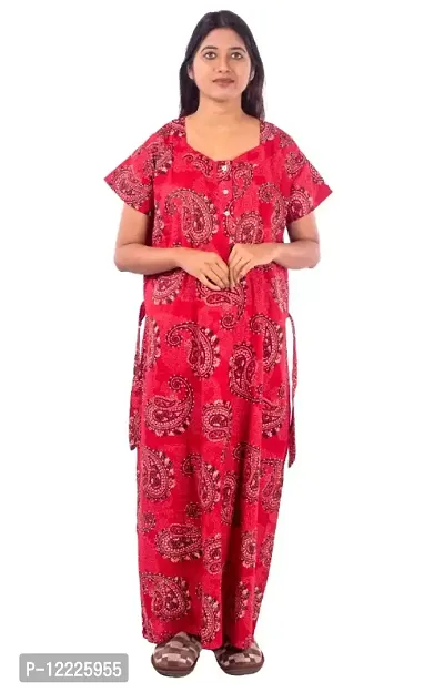 Cotton Printed Round Neck With Sleeve Nighty For Women-thumb0