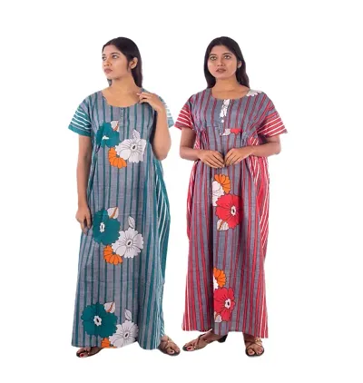 New Launched Buy One Get Cotton Printed Nighty/Kaftan Nighty Pack Of 2