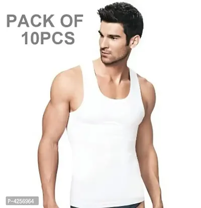 Men's White Cotton Solid Sleevless Round Neck Basic Vest (Pack of 10)-thumb0
