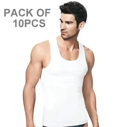 Men's White Cotton Solid Sleevless Round Neck Basic Vest (Pack of 10)