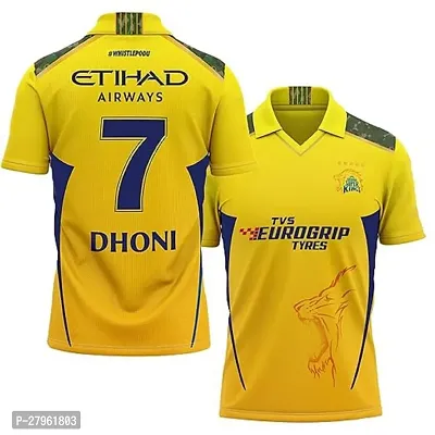 Stylish Yellow Polycotton Sports Cricket Official Collar Neck New Csk Dhoni 7 Jersey T-Shirt For Men